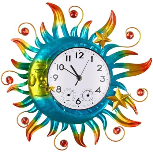 Outable Sun and Moon Outdoor Clock Decorative Outdoor Clocks Waterproof Silent No-Ticking Outdoor Clock Thermometer Combo for Patio Garden Outside Decor