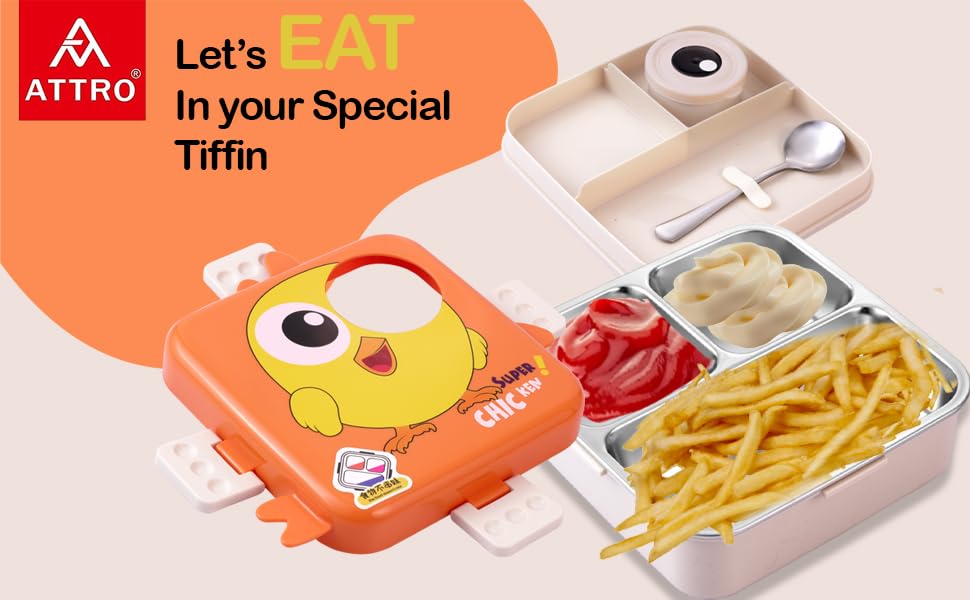 Image of ATTRO Carnival Super Birdy Lunch Box 2 Layer Stainless Steel Lunch Box Comes with 1 Detachable Tray, 1 Small Container & 1 Spoon Ideal for Kids BPA Free 1120ml+70ml- Orange