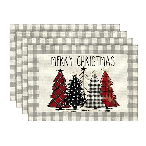 Artoid Mode Watercolor Grey Buffalo Plaid Christmas Trees Placemats Set of 4, 12x18 Inch Winter Table Mats for Party Kitchen Dining Decoration