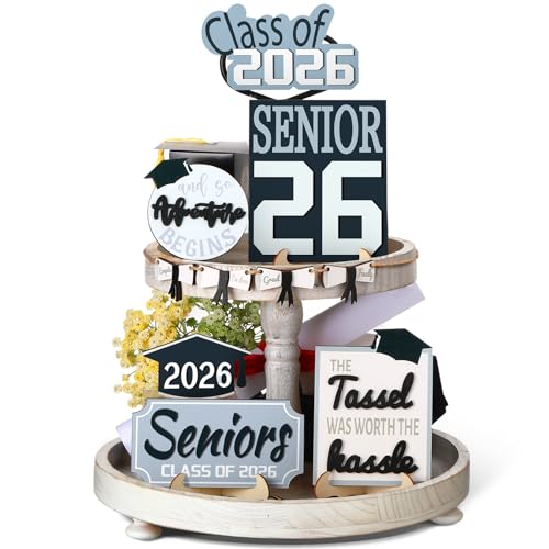 Purpeak 10 Pcs Graduation Tiered Tray Decor Set Senior Class of 2026 Table Decorations Senior Hat Gown Wood Sign for Tiered Tray and So the Adventure Begins Graduation Gifts for College Students