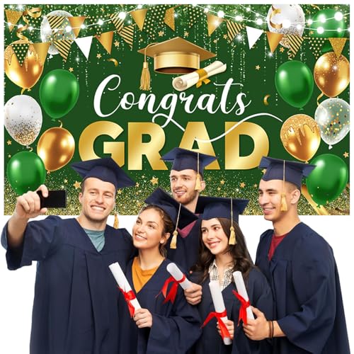 Image of AIBIIN Graduation Decorations 2026 Congrats Grad Backdrop Green Gold Glitter Balloons Congratulations Graduation Party Decorations Background for Photography Party Supplies 70.8x43.3 Inch