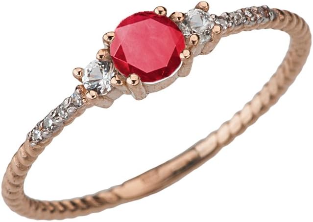 Dainty 10k Rose Gold Diamond with Solitare Ruby Rope Design Engagement/Proposal Ring