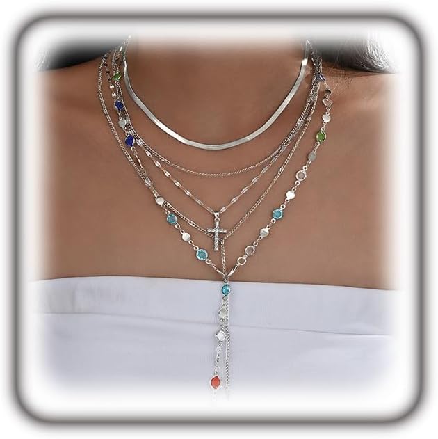 Layered Gold Cross Chain Necklace for Women,Vintage Stackable Colorful Rosary Beaded Necklaces Set,Trendy Boho Jewelry Holiday Outfits Accessories