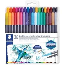 Staedtler Double-Ended Watercolour Brush Pens, Ideal for Fine Art Applications, Coloring, Calligraphy, Drawing, Set of 36, 3001 TB36