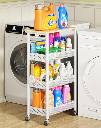 OKZEST Utility Slim Storage Cart, 4-Tier Narrow Bathroom Organizers and Storage Cart, Narrow Metal Kitchen Laundry Room Organization Shelf with Wood Top, Slim Rolling Carts with Wheels for Small Space