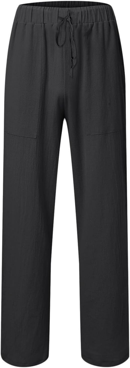 evzosrz Mens Casual Pants Lightweight Drawstring Elastic Waist Straight Legs Yoga Vacation Beach Lounge Solid Loose Trousers