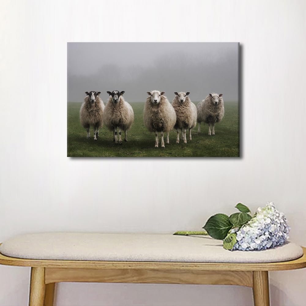 TISHIRON Canvas Prints Wall Art Sheep In Field Pictures Painting Canvas Wall Art Painting 1 Panel Large Modern Posters and Prints Pictures for Living Room Bedroom Office Framed Ready to Hang 24x16 in - Image 3
