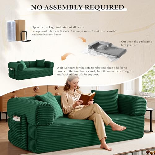 Image of Boneless Couch Futon Sofa Bed Sectional Couches for Living Room,Cloud Couch with Sleeper Sofa,Sofas for Living Room Oversized Corduroy Upholstered (Green, 81 Inches (with Iron Frame))