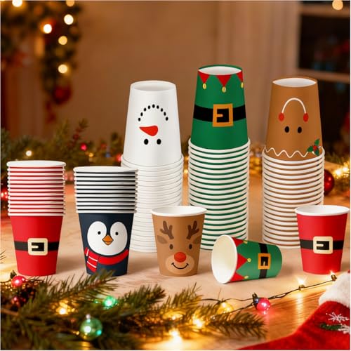 LINHAXM 60 Christmas Cups Christmas Disposable Paper Cups Santa Elk Snowman Penguin 9 oz Xmas Event Drinkware for Daily Use & Holiday Parties