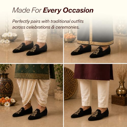 Image of FAUSTO Mens Embroidered Slip-On Loafers | Royal Ethnic Party Shoes |Ethnic Juttis and Mojaris for for Wedding Cushioned Insole