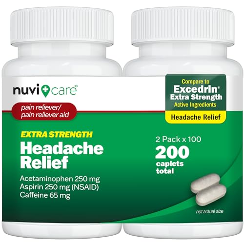 NUVICARE Headache Relief with Acetaminophen 250 mg Aspirin (NSAID) 250 mg Caffeine 65 mg - Temporary Relief of Minor Aches & Pains - Compare to Excedrin Extra Strength Pain Reliever (2 Pack)