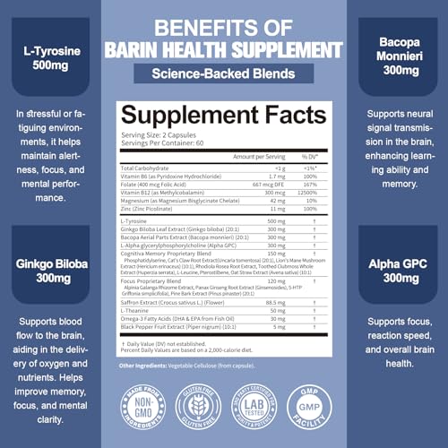 Totara Brain Supplements for Memory and Focus丨Non-Caffeinated Energy with L-Tyrosine, Alpha GPC, Ginkgo Biloba, Bacopa Monnieri, Saffron – Gluten Free, Non-GMO for Neuro & Brain Health (120 Counts) - Image 6