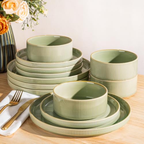 Image of Ceramic Dinnerware Set for 4, 12-Piece Plates and Bowls Set | Lightweight Porcelain Dish Set, Scratch Resistant, Oven & Microwave & Dishwasher Safe, Duck Egg Green