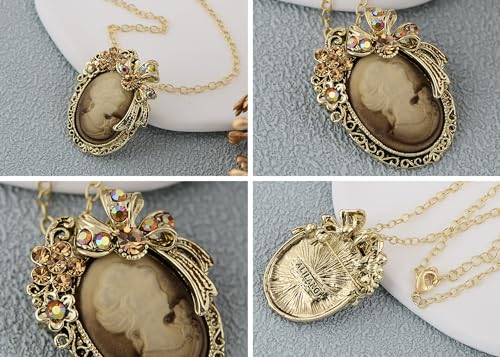 Image of Alilang Vintage Inspired Crystal Rhinestones Victorian Lady Cameo Pendant Necklace Maiden Flower Ribbon Bow Brooch Pin