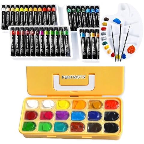 PENTRISTA 48 * 12ml Acrylic Paint Set with 3 Art Brushes & 1 Artist Palette, 18 Colors Gouache Paint Set with Portable Box, Paint for Canvas and Paper, Art Supplies for Professionals, Students Cover
