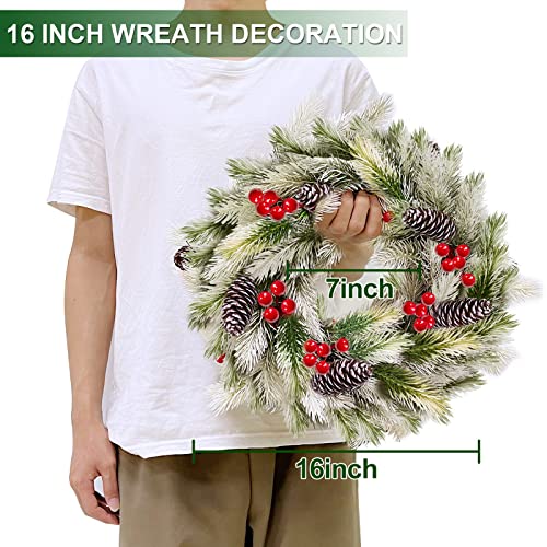 [ Snowy & Timer ] Prelit Christmas Wreath For Front Door Decoration With 40 Led Artificial Lighted Flocked Thick Xmas Wreath Battery Operated 16 Inch Christmas Decor Home Indoor Outdoor Window Cabinet #TOP1