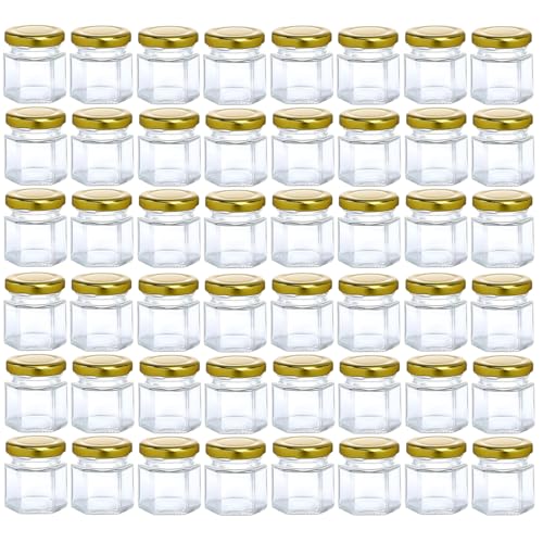 Lot de 48 mini bocaux hexagonaux en verre de 45 ml avec couvercle hermétique en métal doré pour conserves, cornichons, confiture, miel, épices, herbes, loisirs...