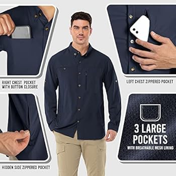 Outdoor Ventures Safari UPF50 Overhemd voor heren, uv-bescherming, lange mouwen, outdoorhemd, functioneel hemd, ademend, sneldrogend, casual, button-down overhemd, oceaanblauw, XL