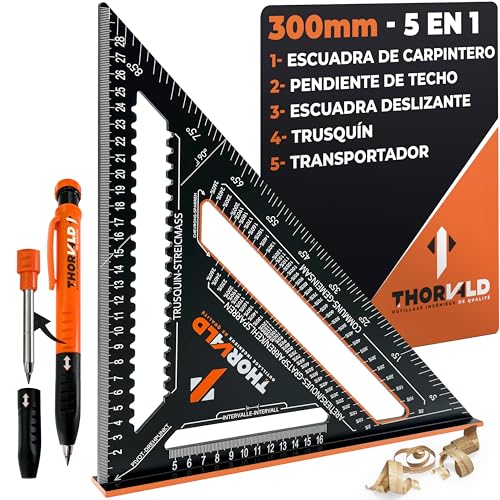 THORVALD 5 en 1 Escuadra Carpintero 300 mm + Lápiz de Obra – Multifunción: Trusquin/Transportador/Corte de Viga/Escuadra de Deslizamiento – Aluminio – Herramienta para Ganar Tiempo