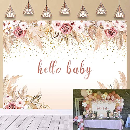 Boho Baby Shower Backdrop Pampas Grass Floral Rainbow Arch Hello Baby Shower Photography Background for Bohemian Girls Baby Shower Decorations Oh Baby Party Banner Photo Booth Backdrops (2,1 x 1,5 m) Cover