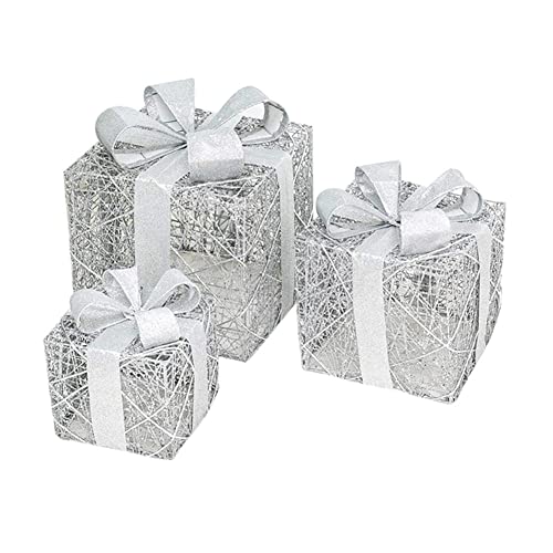 Yenisai Set di 3 Natale Accendere Pacco Regalo Decorativo Ferro LED Scatole Regalo Set Insieme a Orpello e Bowknot Interno All'aperto Decorazione Natalizia Illuminazione-d'Argento