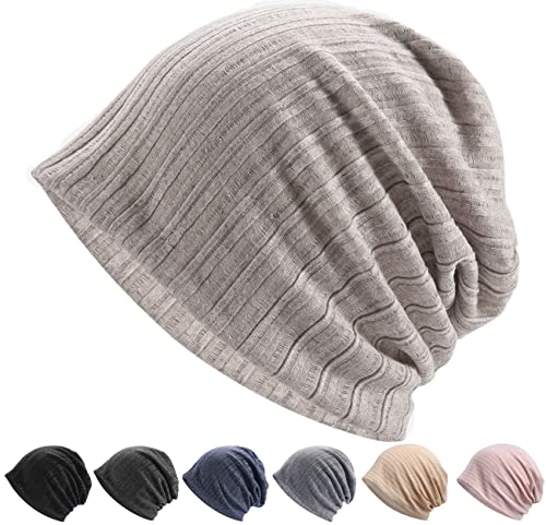 [Andeor] ニット帽 春 夏 秋 帽子【コットン100％•2層構造•肌触り 薄手 コットン帽 ケア帽子 無地 ニットワッチ ビーニー ニットキャップ ストレッチ性 通気性 柔らかい 防風 無地 男女兼用 (カーキ, ストライプタイプ)