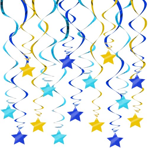 Image of BEISHID Blue Gold Stars Hanging Swirls Pre-Strung Stars Hanging Decorations for Baby Shower Retirement Bachelor Men Birthday Graduation Decorations Supplies,Pack of 15