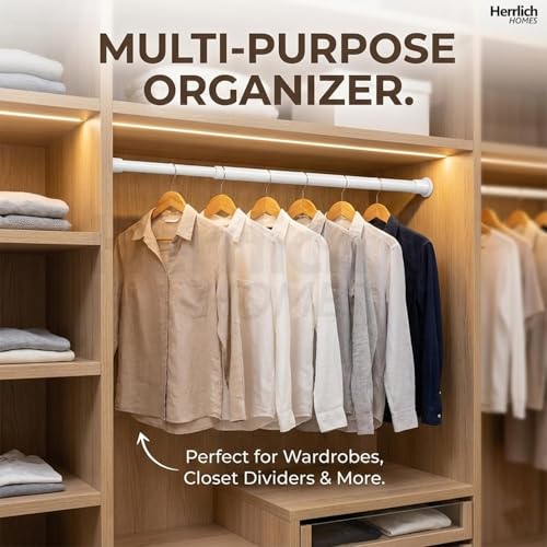 Image of Herrlich Homes Retractable Wardrobe Curtain Rod 58 to 85 cm Tension Rod | 21 mm Diameter | Multipurpose | Metal | No Drilling | Extendable Rod for Windows Cabinet | With adhesive sticker