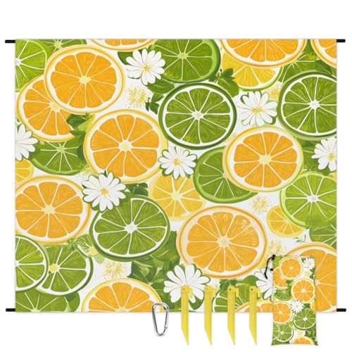 Eabrults Waterproof Sandproof Beach Blanket, 59''×68'' Lemon Seamless Pattern Polyester Outdoor Picnic Blanket with 4 Stakes & Storage Bag for Beach,Camping,Vacation