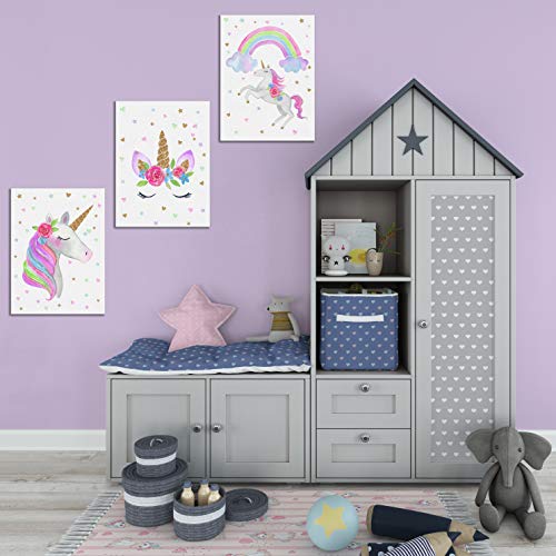 Something Unicorn - Stretched/Framed, Ready To Hang Canvas Wall Art. Super Cute Water Color Unicorn Prints For Nursery Or Girl's Bedroom Decor. Set Of 3. 12X16In - Gold Glitter Unicorn Original #TOP3