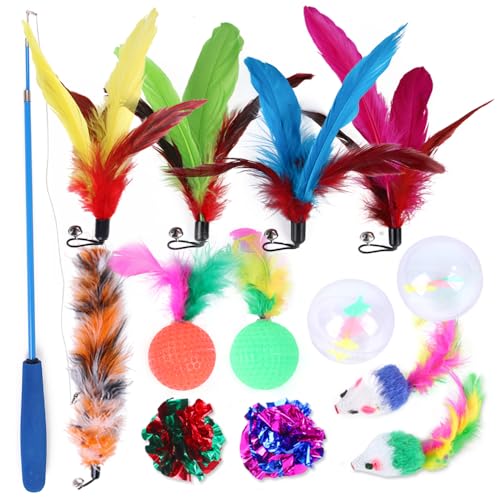 Wefine Juguetes para gatos, 14 juguetes interactivos para gatos, varita de plumas para gatos, juguete de ratones de resorte para gatos de interior