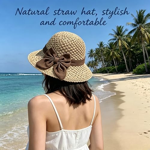 Women Straw Sun Hat, 2026 New Foldable Wide Brim Beach Hat, Straw Summer Hat with Bow, Straw Hats for Vacation Travel Outdoor (Beige) by ODPQDO - Used condition - Image 2