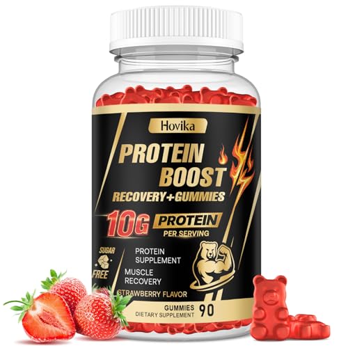 Whey Protein Gummies, 10g Protein per Serving, Easy to Take Snacks for Men & Women, Recovery + Supplement Gummies for Protein Boost, Muscle, Energy Support, Strawberry Flavor, 90 Gummies