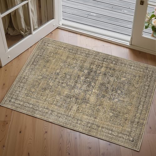 Beige Entryway Rug 2x3 Vintage Area Carpet Indoor Kitchen Washable Door Mat Living Room Entrance Small Low Pile Traditional Distressed Retro Accent Throw Rug Non Slip Office Bathroom 2' x 3'
