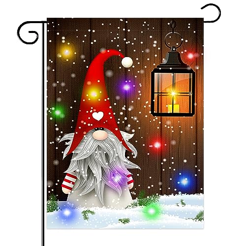 WORGATE Christmas Lighted Gnome Garden Flag,Double-Sided Home Rustic Winter Garden Yard Decorations,New Year Vintage Seasonal Outdoor Flag 12 x 18inches for Holiday,Purple