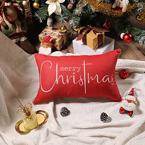 Allorry Christmas Pillow Covers Merry Christmas Throw Pillow Decorative Christmas Red Cotton Cloth Linen Cloth Pillow Cover Sofa Cover Decorative Rectangle Length 12X20 Inches #TOP1