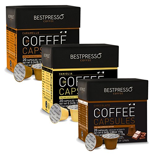 Bestpresso Coffee for Nespresso Original Machine 60 pods Certified Genuine Espresso Variety Pack Caramel,Vanilla&Chocolate, Pods Compatible with Nespresso Original