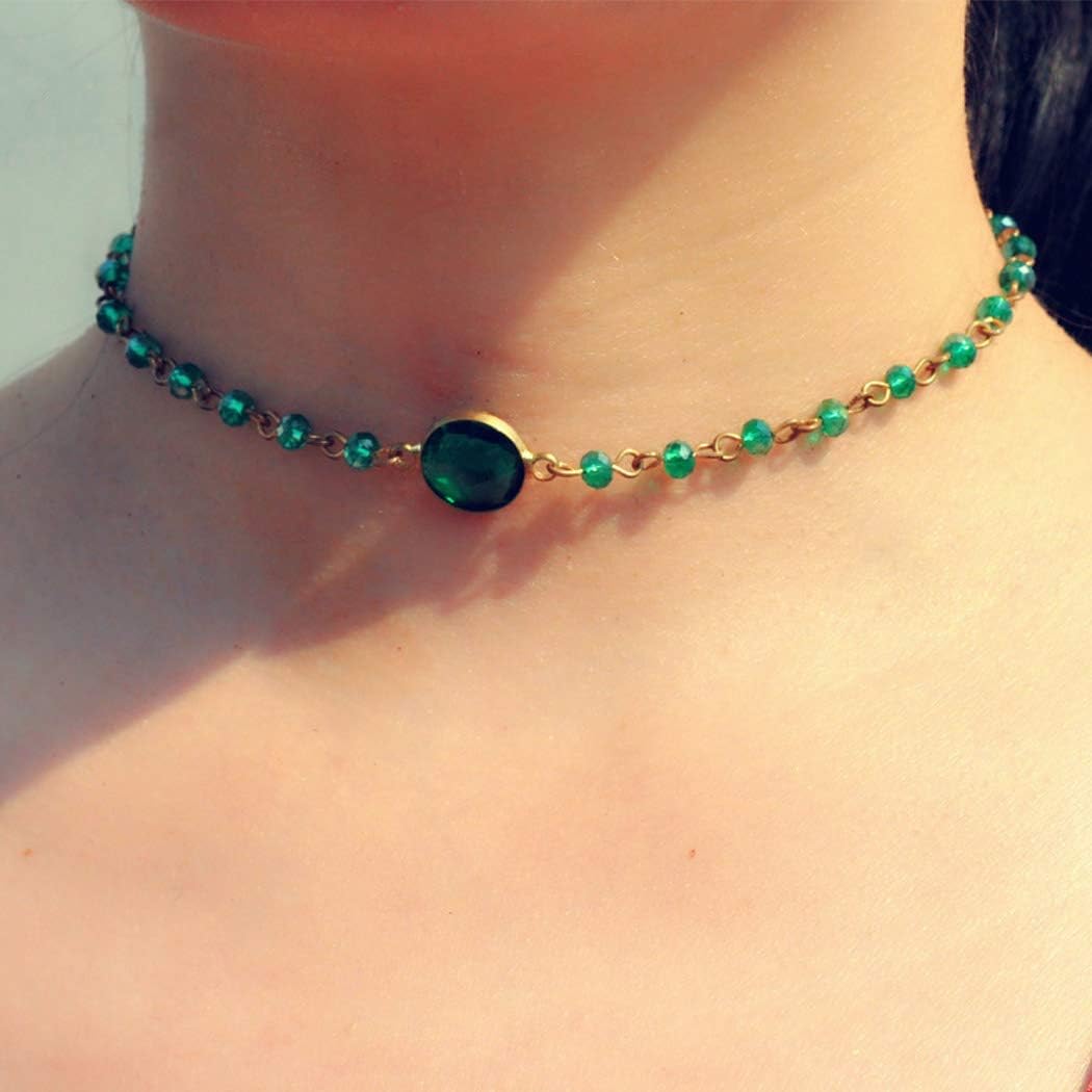Bodiy Boho Rhinestones Choker Necklaces Gold Green Gem Beaded Necklace Chain Jewelry for Women and Girls