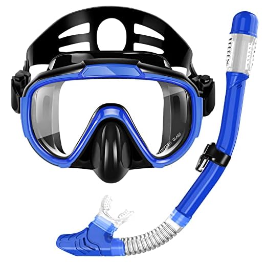 Zipoute Snorkel Snorkel Set, Dry Top Snorkeling Gear for Adults, Panoramic Anti-Leak and Anti-Fog Tempered Glass Lens, Adults Adjustable Snorkeling Set, Scuba Diving Swimming Training Snorkel Kit