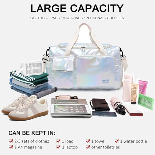 Image of BEULPTN Small Gym Bag for Women, Travel Duffel Bag Carry On Weekender Bag with Shoe Compartment, Z6#Beige Shinny, 11*19.6*8.2 inches, Gym Bag&Toiletry Bag