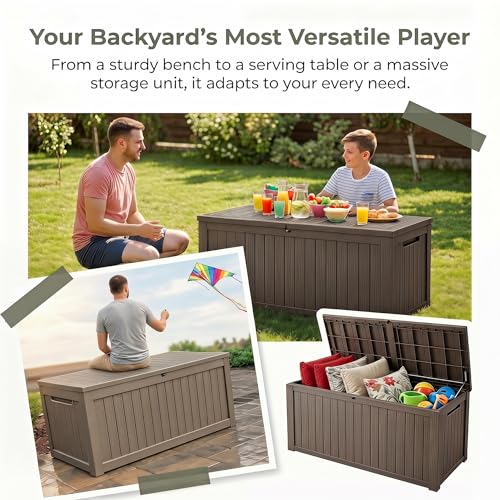 Image of 198 Gallon Resin Deck Box - Finally, a Lockable Outdoor Storage That Fits Everything (Cushions, Tools, Pool Gear & BBQ) - Weatherproof Wood Grain Design for Patio, Garden, Office, Home Indoor Outdoor