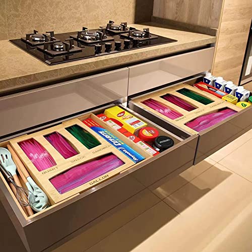 Bamboo Kitchen Bag Storage Organizer - Expandable Kitchen Drawer Organizer For Food Storage Bag, Compatible Ziploc, Hefty, Glad, Solimo, Suitable For Gallon, Quart, Sandwich & Snack Variety Size Bags #TOP4