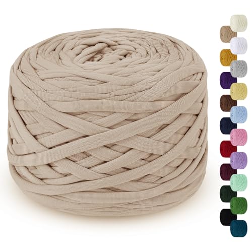 LEREATI 285g T Shirt Yarn for Crocheting 109 Yards Elastic Ribbon Thick Crochet Fabric Knitting T-Shirt Yarn for Crochet Bag Blanket Basket DIY Projects Home Decor (Khaki)