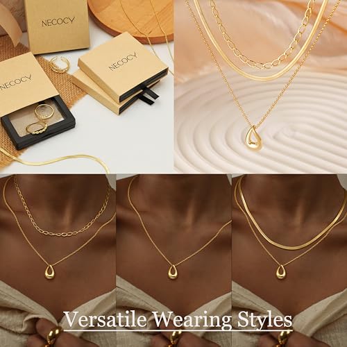 NECOCY Layered Necklaces for Women Stack Layering Stackable Stacked 14K Gold Plated Herringbone Choker Necklace Set Dainty Trendy Chain Pendant Necklace Paperclip Snake Jewelry