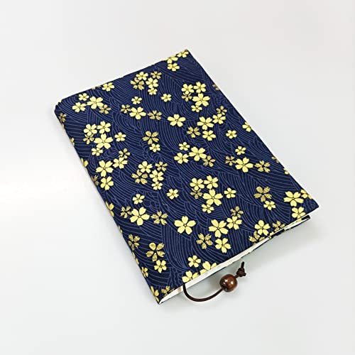 Pupuzao Book Sleeve Cover ( Golden Sakura In Dark Blue )| Hard Books Cover A5(8-1/4''X 5-13/16'') For Paperback,Washable Fabric,Fits Thickness Adjustable #TOP1