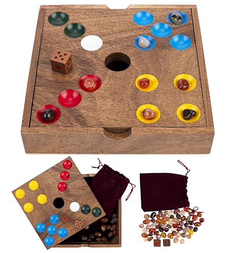 Engelhart-350443 – Schweinelöcher/Edelsteine – Strategisches Brettspiel – Nussbaumholz 18,3 × 18,3 × 4 cm – 60 Halbedelsteine, Würfel & Beutel – Familienspiel