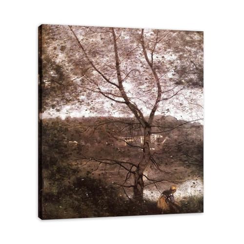 Tableau paysage Barbizon en toile art classique français vintage 60x66cm encadrée