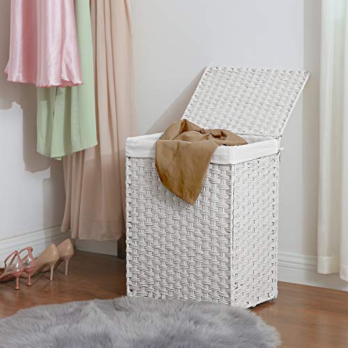 Songmics Handwoven Laundry Hamper, 23.8 Gal (90L) Synthetic Rattan Clothes Laundry Basket With Lid And Handles, Foldable, Removable Liner Bag, White Ulcb51Wt #TOP2