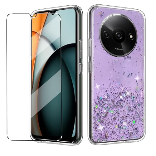 HuiYouMY Glitter Bling Cover e Vetrino Compatible with Xiaomi Redmi A3 Cover Antiurto Custodia Piu Vetro temperato Compatible with Protezione Xiaomi Redmi A3 Pellicola Protettiva,Viola