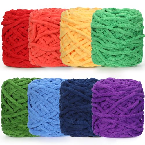 Image of Buryeah 8 Pack Chunky Chenille Yarn for Crocheting Soft Thick Fluffy Yarn for Hand Knitting Bulky Velvet Blanket Plush for Weaving DIY Crafts Each 3.5 oz 55 Yards (Rainbow Colors)
